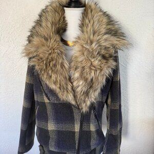 NWT Denim & Supply Ralph Lauren Blue Plaid Faux Fur Collar Jacket Coat